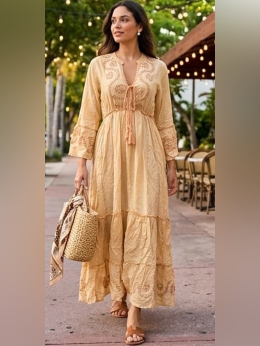 ShopEvelynne Light Camel Boho Embroidered Tiered Maxi Dress